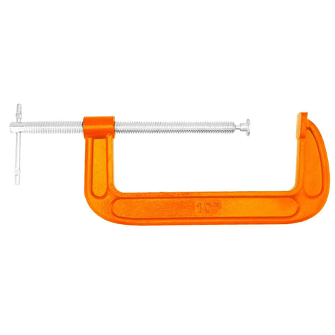 Side view of Two Pack 10 Inch C Clamp Set For Woodworking And Metalworking Heavy Duty Cast Iron C Clamp With 8.7 Inch Jaw Opening And 3.7 Inch Throat Depth Durable Orange Finish.