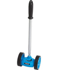 Heavy Duty Dual Measuring Wheel With Nifty Telescopic Handle For Quick Layout Work On Concrete Or Lawn, blue color, with two wheels.