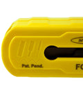 Close-up of FO SNC Fiber Optic Strip And Cut Tool Portable Multifunction Cable Cutting And Stripping Tool in yellow.