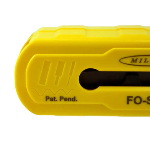 Close-up of FO SNC Fiber Optic Strip And Cut Tool Portable Multifunction Cable Cutting And Stripping Tool in yellow.