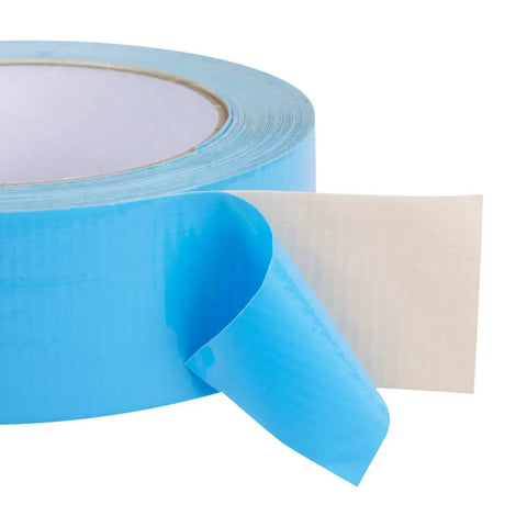 Close-up of a Blue Double Sided Duct Tape Roll 1.4 Inch By 12 Yards With Aggressive Natural Rubber Adhesive On Durable Woven Cotton Cloth.