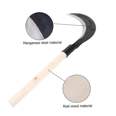 Hand Scythe Weeder Tool For Gardening And Grass Trimming Manganese Steel Blade close-up showing blade and wooden handle material.