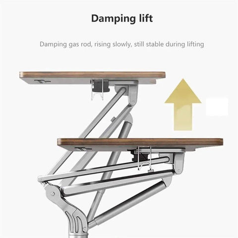 Game Changer Height Adjustable Standing Desk With Silky Gas Lift And Ultra Quiet Lockable Rubber Wheels showing damping lift mechanism.
