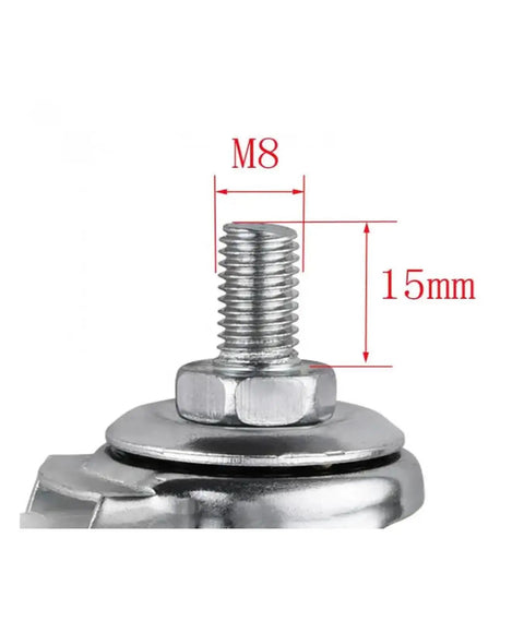 Close-up of M8 threaded stem on set of four one point five inch screw brake swivel casters with red PVC wheels for home office.