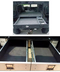 Heavy Duty 14 Inch Drawer Slides With Full Extension Side Mount Ball Bearings Telescoping Track System Uses Blue Zinc Plating, shown installed in a vehicle.