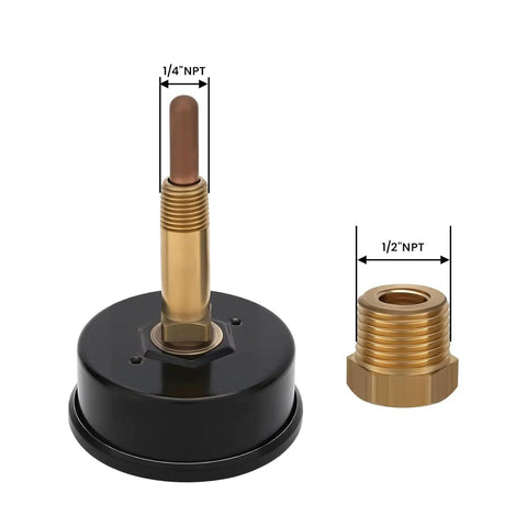 Dual Display Boiler Gauge Kit With 2.5 Inch Dial That Reads Pressure And Temperature, back mount brass adapter shown