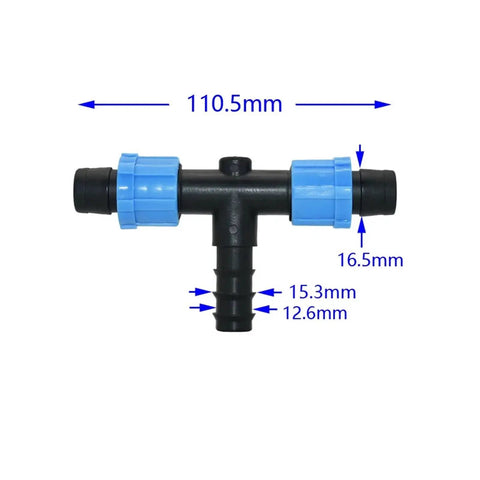 25Pcs 16mm Drip Tape Connectors Kit With Elbow End Plug Straight Tee Water Splitter Fittings Adapters For Garden Irrigation Systems No Leak Quick Install Plastic Hose Lock Nut tee connector, black plastic with blue nuts, 110.5mm