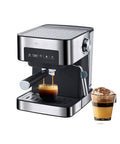 Top Shelf Electric Coffee Machine And Milk Frother Featuring Stainless Steel Build with espresso shot brewing and cappuccino glass.