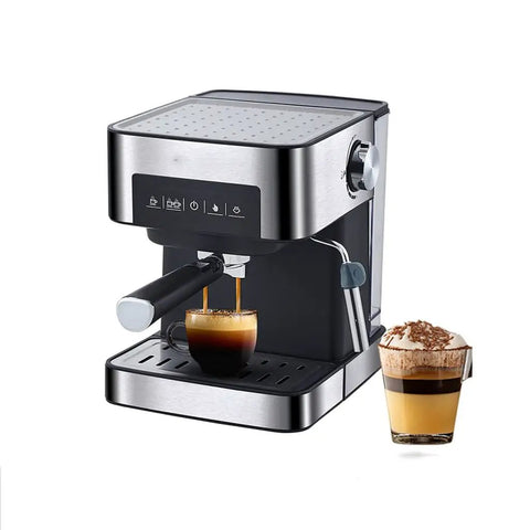 Top Shelf Electric Coffee Machine And Milk Frother Featuring Stainless Steel Build with espresso shot brewing and cappuccino glass.