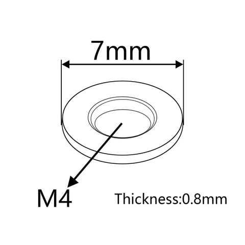 Technical diagram of Titanium Flat Washer M4 DIN912 Grade 5 6Al4V Ti with 7mm outer diameter and 0.8mm thickness.