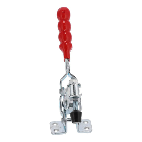 Front view of GH 11412 Toggle Clamp with red plastic handle, heavy duty 440.9 lb holding capacity, iron body with quick clamping action.