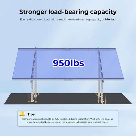 Expandable Solar Panel Ground Mount Bracket Kit With Adjustable Tilt showcasing 950lbs load capacity on metal frame