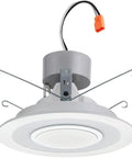 6-Inch Round Wireless Speaker Downlight LED with 4000K Cool White, 700 Lumens, white trim, battery powered Li-Ion, visible wiring.