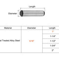 Diagram showing Five Sixteenth Inch Dowel Pins, One Inch Length, Heat Treated Alloy Steel for extra hardness and precise alignment.