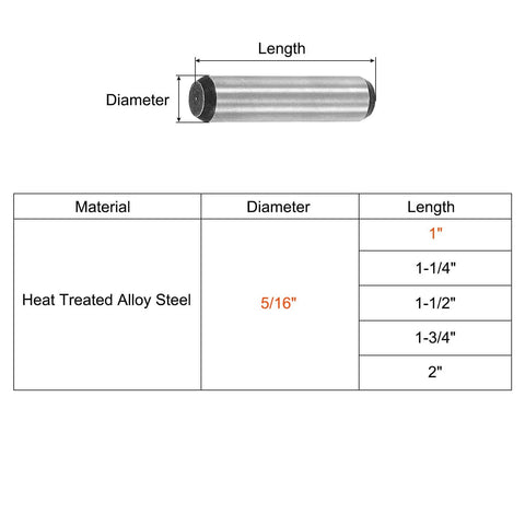 Diagram showing Five Sixteenth Inch Dowel Pins, One Inch Length, Heat Treated Alloy Steel for extra hardness and precise alignment.