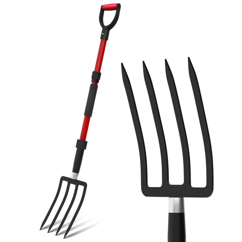 Beefy 44 Inch Heavy Duty Pitch Fork With Fiberglass Handle 4 Tine Steel Spading Fork For Manure Mulch Digging And Aeration Garden Tool