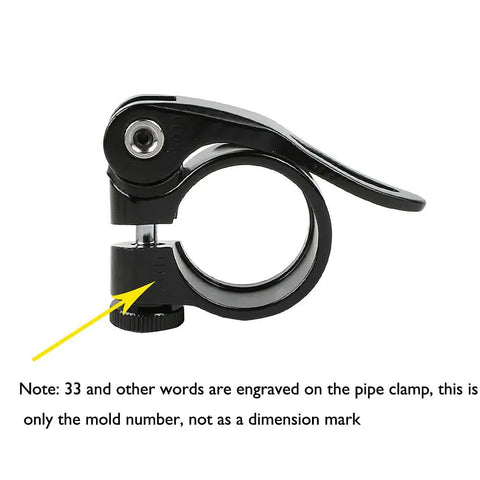 Close-up of black aluminum 28.6mm bike seat post clamp for 25.4mm post, quick release lever shown.