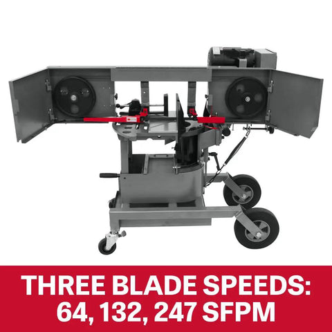 10 Inch Portable Dual Mitering Bandsaw With Coolant System, Hydraulic Downfeed, Automatic Shutoff, Self Propelled Blade Brush, Protractor Angle Cutting, 115/230V One Phase, Heavy Duty Metalworking Workhorse