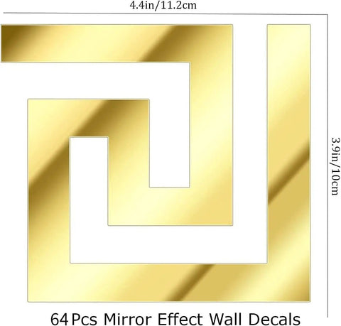 Gold 64 Piece DIY Mirror Wall Sticker Set Removable Adhesive Decals, Geometric Greek Key Pattern Reflective Wall Art, 4.4x4.0 inches