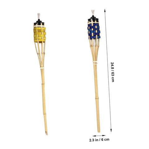Two Pack Outdoor Tiki Torch Lights for Pathway Lighting, Refillable Garden Oil Torches, yellow and blue, woven look, 24.8 inches