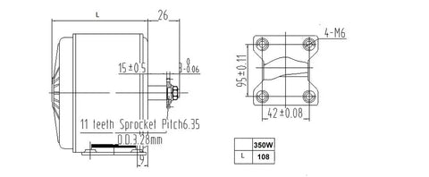 Technical diagram of Brushed DC Motor For Scooters And Electric Bikes With Mounting Bracket 36V Plug And Play Setup