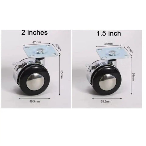 Heavy Duty Office Chair Replacement Wheels 4 Pack Silent Swivel Casters showing 2 inch and 1.5 inch wheel sizes with dimensions.