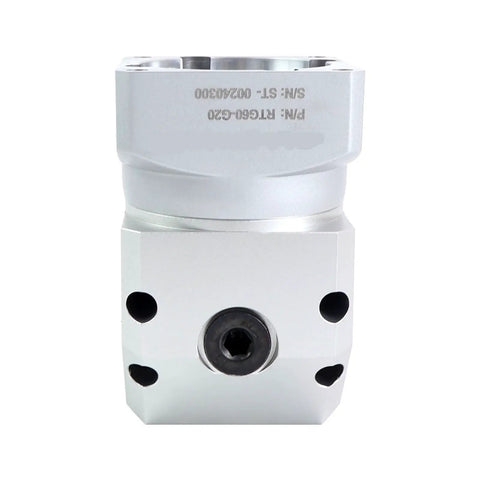 Top Shelf 60mm Right Angle Planetary Gearbox With 5 10 20 Or 50 To 1 Reduction Ratios Hella Smooth Torque Output Built Tough For Mounting Directly On 60mm Servo Motors Featuring A No Nonsense 14mm Drive Shaft, featuring silver aluminum housing and output shaft.