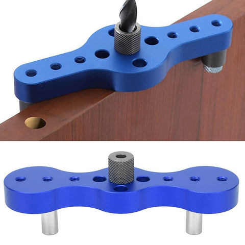 Pro Grade Dowel Drill Guide Jig For Woodworking With Aluminum Alloy Construction And Cr12 Steel Bushings, Precision Hole Positioner For Furniture Making And Cabinet Assembly, 140mm Blue shown working on wood and displayed separately