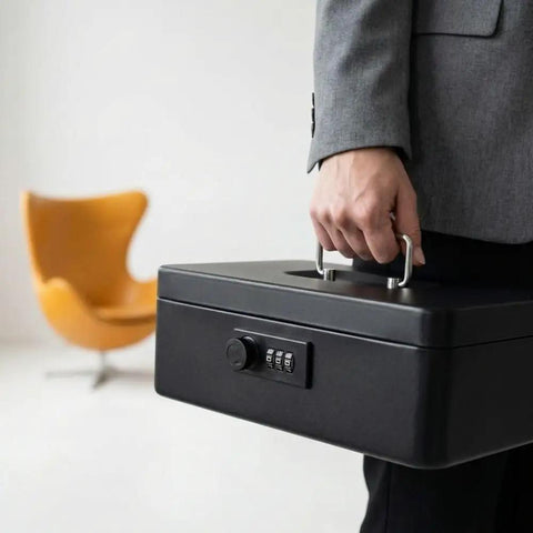 Keep Your Gear Locked Tight With This Keyless Mechanical Combination Lock For Cabinets And Drawers Featuring A Smooth Turntable Code Dial And Straight Hook For Hassle Free Secure Storage, black lockbox held by a person in a suit.