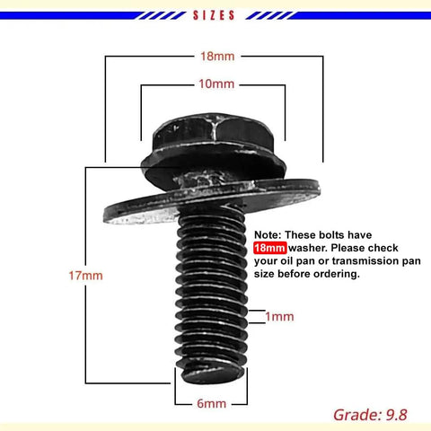 30 Pack M6 Hex Head SEMS Bolts 1.0 X 17mm With 18mm Washer Heavy Duty Oil Pan And Transmission Pan Bolts Replaces OEM 11508930 size diagram