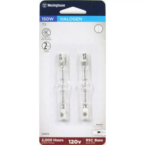 150W T3 Halogen Double Ended Clear Light Bulb With RSC Base 2 Pack 120V 3000K Warm Light 2000 Hour Life Ideal For Home Office Security Torchiere Floor Lamps Go To Pick packaged bulbs front view