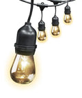 30 Foot Outdoor String Lights With 10 Incandescent Sockets Dimmable Weather Resistant Black Wire close-up on glowing bulbs