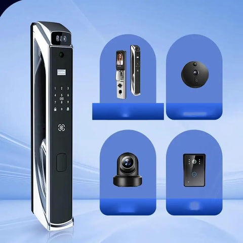 Slick Smart Video Door Lock With Hella Secure Fingerprint Reader Featuring Large Touchscreen Panel Remote Access Function Zero Hassle Keyless Entry For Daily Home Use showcasing components and design.