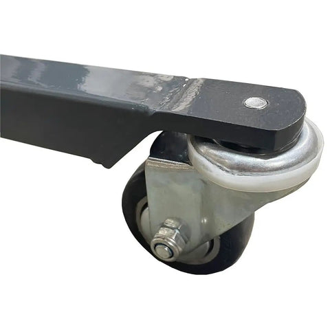 Close-up of the caster wheel on the Heavy Duty Electric Work Positioner Truck With Remote Control 330 Lb Capacity And 70 Inch Ram Lift Height.