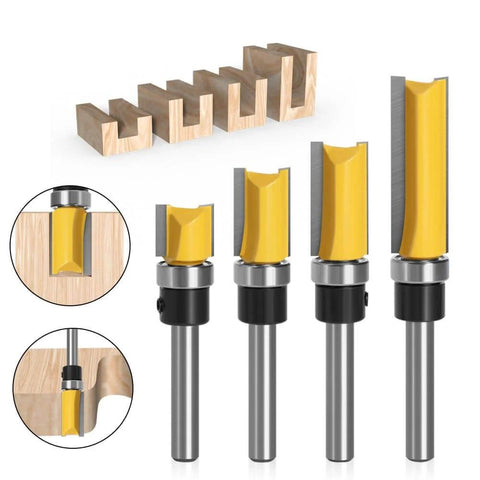 Flush Trim Router Bit Set With Top Bearing Four Piece Kit One Quarter Inch Shank Cutting Lengths for plywood woodworking