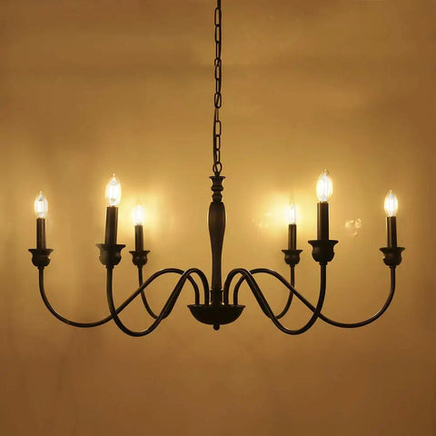 Six Light Farmhouse Chandelier In Black Iron For Dining Room And Kitchen Island Rustic Industrial Ceiling Light Fixture Lit