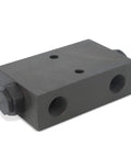 Side view of double pilot-operated hydraulic check valve, 1/2-in NPT ports, 11 GPM, gray metal block