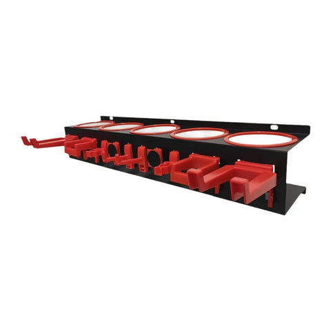 Heavy Duty Galvanized Steel Wall Mount Spray Bottle Rack Organizer Holds A Ton Of Cleaners And Jars with red hooks and slots.