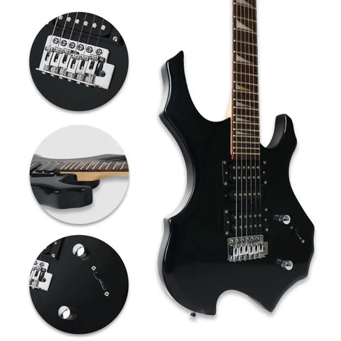 Close-up of 39 Inch Electric Guitar Beginner Friendly Starter Kit With 20W Amplifier Bundle Black Noiseless Cable 24 Frets