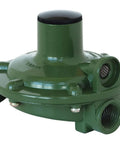 Front view of green AP Products Marshall Excelsior MEGR-230 low-pressure single-stage gas regulator with threaded ports