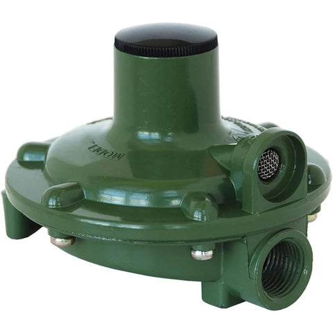 Front view of green AP Products Marshall Excelsior MEGR-230 low-pressure single-stage gas regulator with threaded ports