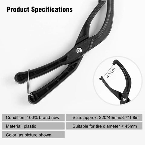 Durable Plastic Bike Tire Pliers And Tire Removal Tool For Quick Repairs, size 220x45mm, plastic material, shown with product specifications