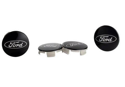 Ford Black and Chrome Wheel Center Cap Kit for F150 Trucks and SUVs 65mm Center Cap Opening Gloss Black With Chrome Ford Logo Set of 4 Center Caps for 2015 to 2024 Models on white background