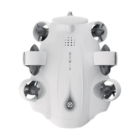 Top view of 4K VR Underwater Drone With Robotic Arm Evo Standard For Immersive Ocean Exploration, showing propellers and white exterior.