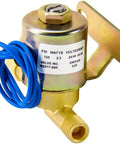 Water Solenoid Valve Replacement 4040 for Humidifiers 24V 2.3W 60Hz 125 PSI Blue with attached wires and label, side view