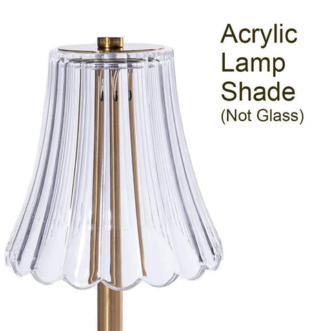 Acrylic lamp shade detail on 12 inch Lit Cordless Table Lamp With USB Rechargeable Battery Brass LED Desk Light