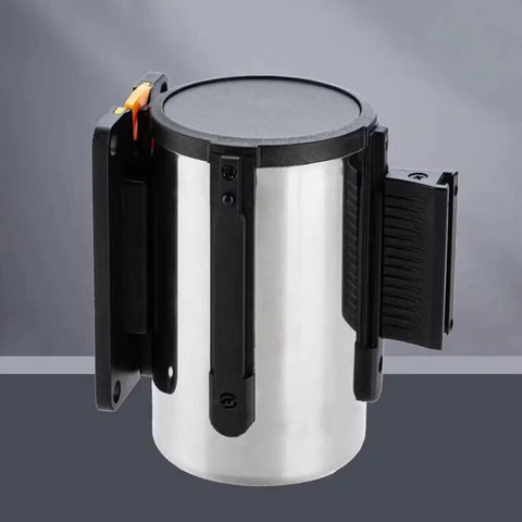 Heavy Duty Wall Mounted Retractable Belt Barrier With Magnetic Snap And Nine Foot Red Stanchion Rope For No Sweat Crowd Control And Tight Queue Management At Events Or Work Sites, close-up of retractable mechanism.