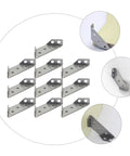 Sturdy Stainless Steel Angle Corner Brackets 10 Pack For Shelves showing trapezoid design, rust resistant, DIY friendly installation.