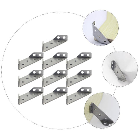 Heavy Duty Stainless Steel Trapezoid Angle Brackets 10 Pack Anti Rust Corner Braces For Shelves And Cabinets displayed with close-up details