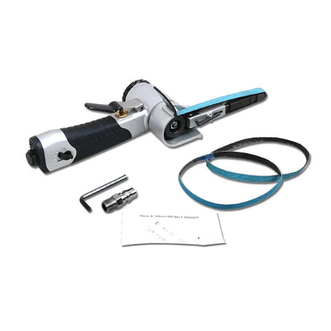 20mm Air Belt Sander Workhorse For Heavy Duty Woodworking Metal Polishing And Precision Grinding with rubber bands and tools.